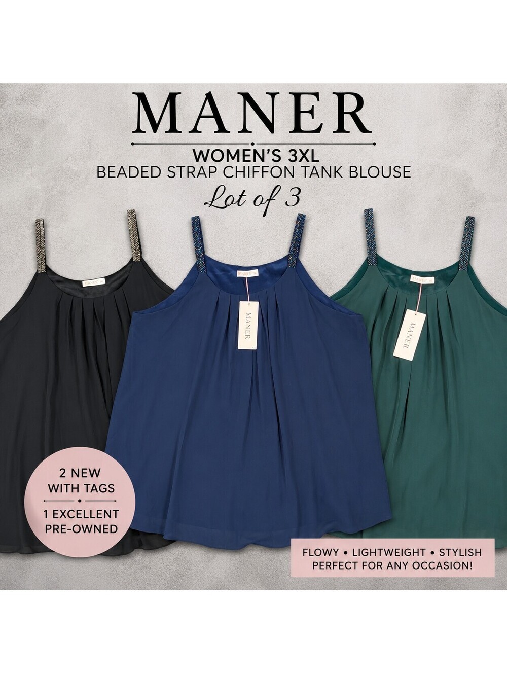 Maner Womens 3XL Black Blue Green Beaded Strap Chiffon Tank Blouse Lot Of 3